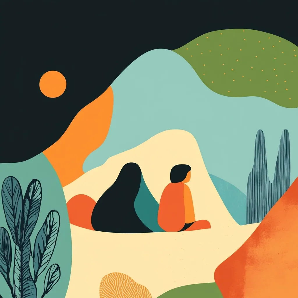 An abstract illustration depicts two figures seated amidst a landscape of stylized hills and plants.  The color palette is warm and earthy, with oranges, greens, and teals dominating.  The figures are simple, almost minimalist in their design, suggesting contemplation or quiet companionship.  The overall mood is serene and peaceful, evoking a sense of calm within a vibrant, abstract natural setting.