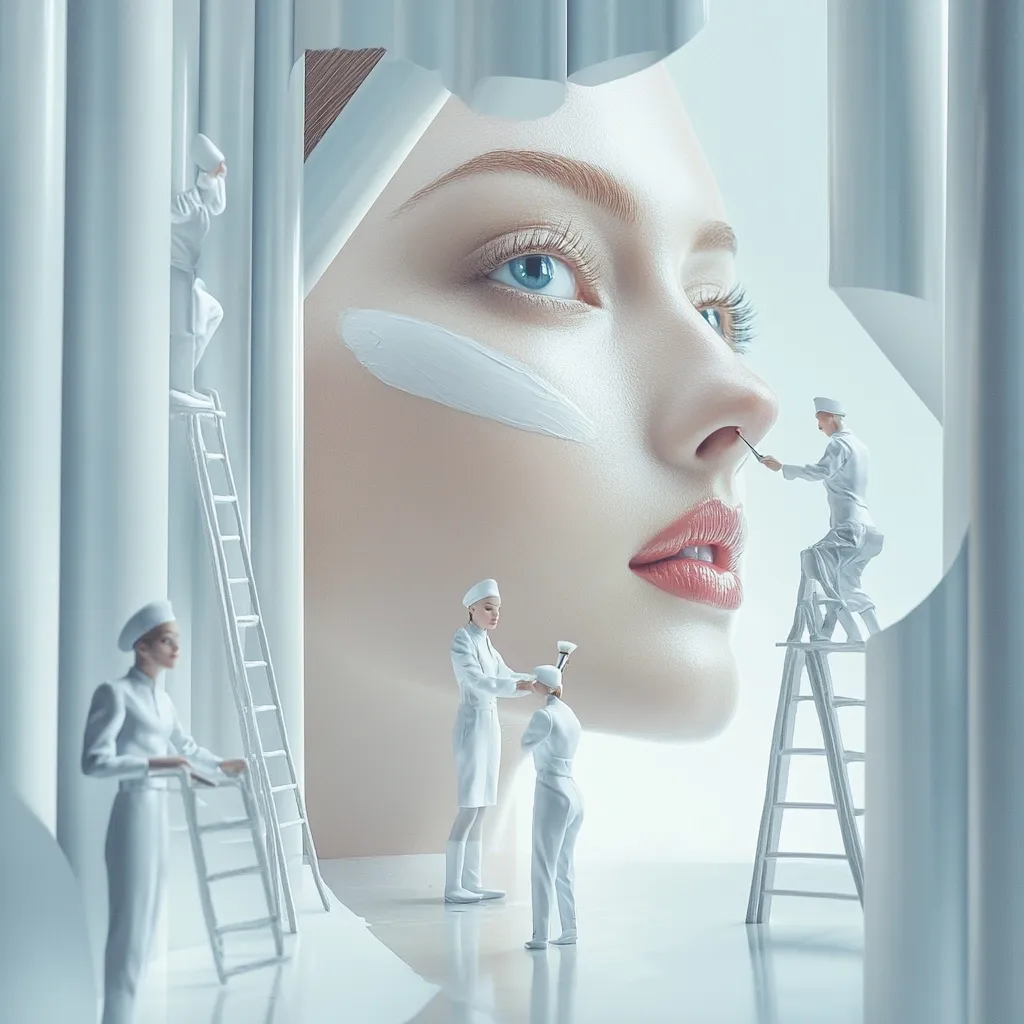 A surreal artwork depicts a giant woman's face being painted white by miniature figures on ladders.  The scene is minimalist, using shades of white and a smooth, almost flawless texture. The figures, dressed in white uniforms, meticulously apply paint, creating a striking contrast between the monumental face and the tiny workers.  The overall impression is one of precision, beauty, and perhaps a commentary on the idealized standards of beauty.