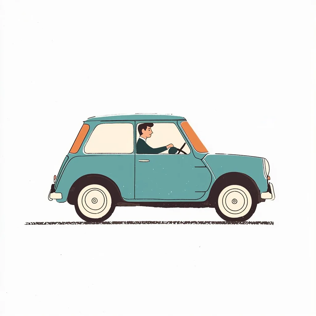 A teal vintage car, reminiscent of a classic Mini Cooper, drives along a simple road.  A man in a dark suit is visible behind the wheel, viewed from the side profile. The illustration style is clean and minimalist, with a muted color palette and textured lines giving a slightly retro feel. The car is the central focus against a plain white background.