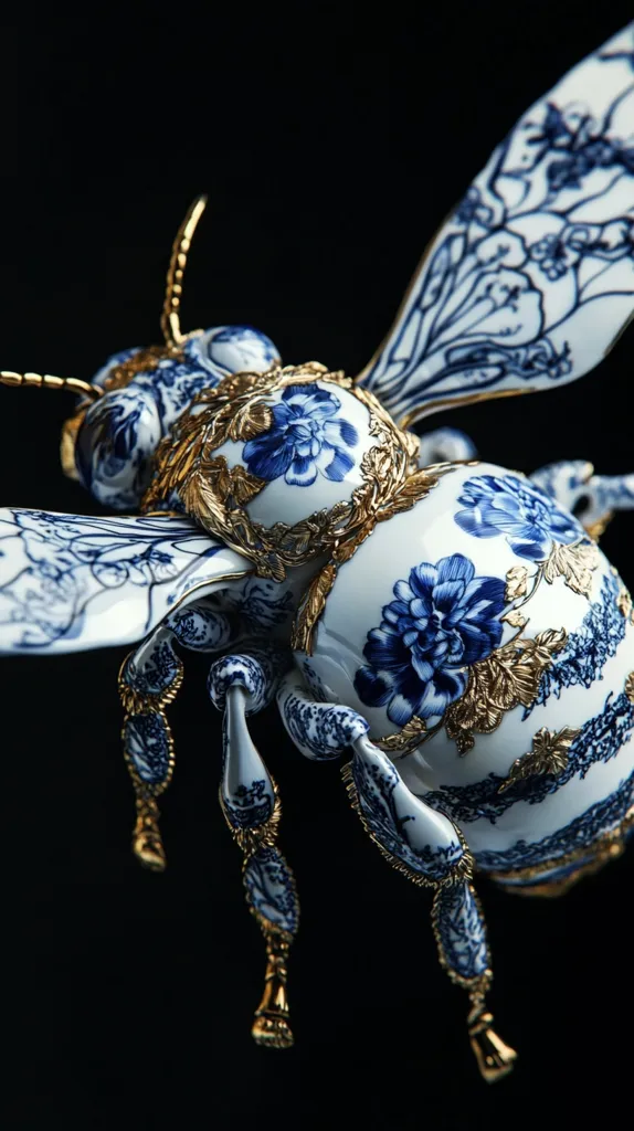 A meticulously crafted porcelain bee, adorned with intricate blue and white floral patterns, is captured against a stark black backdrop.  Gold detailing accents the body and legs, enhancing the piece's luxurious aesthetic. The bee's wings are delicately rendered, showcasing the artistry of the design.  The image highlights the exquisite detail and craftsmanship of this unique art object.