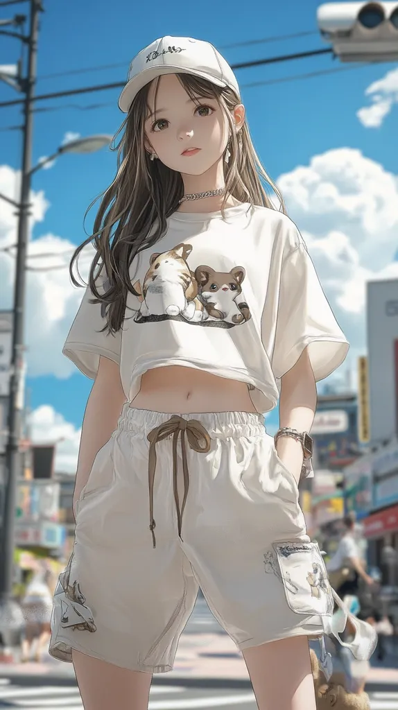An anime-style girl with long brown hair is depicted. She's wearing a white baseball cap, a cropped white t-shirt with a cartoon animal print, and matching loose-fitting white shorts.  The setting is a sunny city street, with buildings and pedestrians visible in the background.  Her expression is serene and she carries a relaxed posture, suggesting a casual summer day.  The artwork's style is clean and soft, with a focus on detail in her features and clothing.