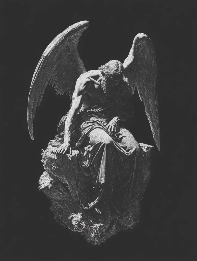 A grayscale illustration depicts a fallen angel, wings spread wide, seated pensively on a rocky outcrop.  The angel's muscular physique and flowing robes are intricately detailed, conveying a sense of sorrow and defeat.  The dark background emphasizes the figure's isolation and melancholic posture. The style is reminiscent of classical sculpture, rendered with a textured, almost etched, quality.