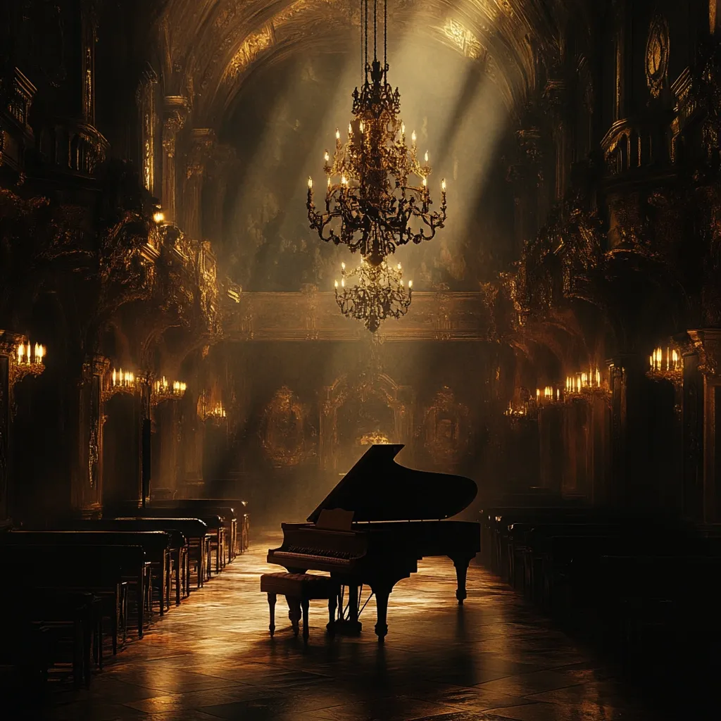 A grand piano sits alone in the center of a dimly lit, opulent cathedral.  Golden light streams through arched windows, illuminating dust motes in the air and highlighting the ornate details of the building's architecture.  Rows of empty pews line the sides, and a massive, ornate chandelier hangs from the high ceiling. The scene evokes a sense of mystery and quiet grandeur.