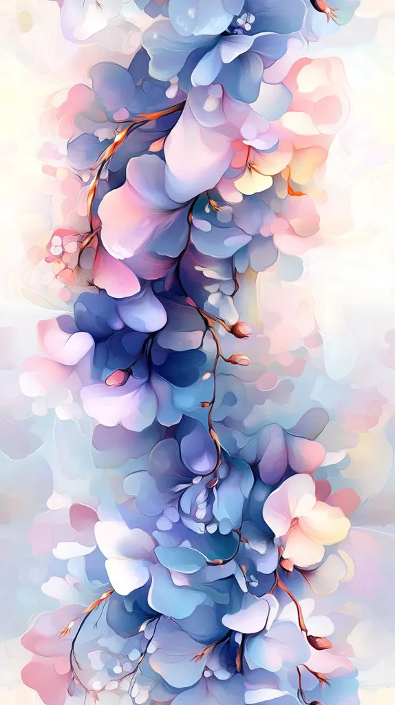 A vibrant digital painting depicts a cascading arrangement of stylized flowers.  The blossoms are rendered in soft, pastel hues of blue, pink, and white, creating a dreamy, ethereal effect.  The brushstrokes are loose and expressive, lending a painterly quality to the image.  The flowers appear to be interconnected, forming a continuous, flowing vertical composition. The overall impression is one of delicate beauty and serene tranquility.