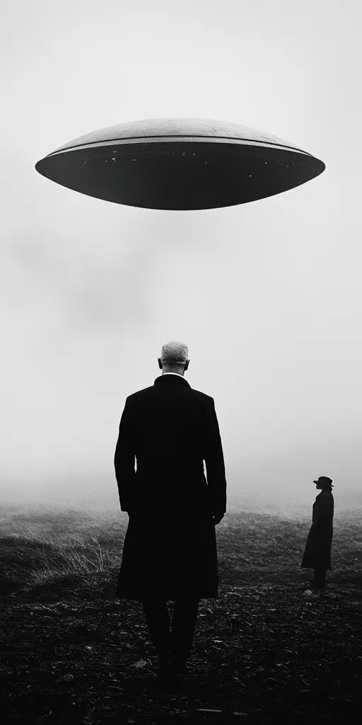 A black and white image depicts a mysterious scene. A large, saucer-shaped object hovers in a foggy sky above two figures in long coats, standing in a desolate field. The man in the foreground is turned away from the viewer, while a woman stands distantly to the side. The overall mood is one of suspense and unease, hinting at an alien encounter or otherworldly event.  The stark contrast and monochromatic palette enhance the enigmatic atmosphere.