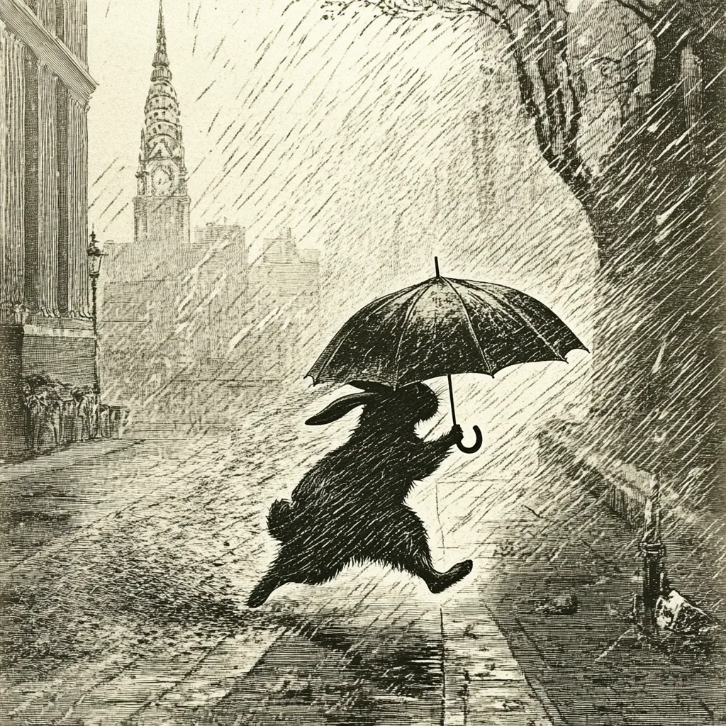 A black and white illustration depicts a rabbit hurrying down a rain-swept city street, clutching an umbrella.  The rain falls heavily, obscuring the background slightly.  A tall building, possibly inspired by the Chrysler Building, is visible in the distance.  The scene evokes a sense of urgency and the charm of anthropomorphic characters in a city setting.  The style is reminiscent of vintage woodcuts or etchings.