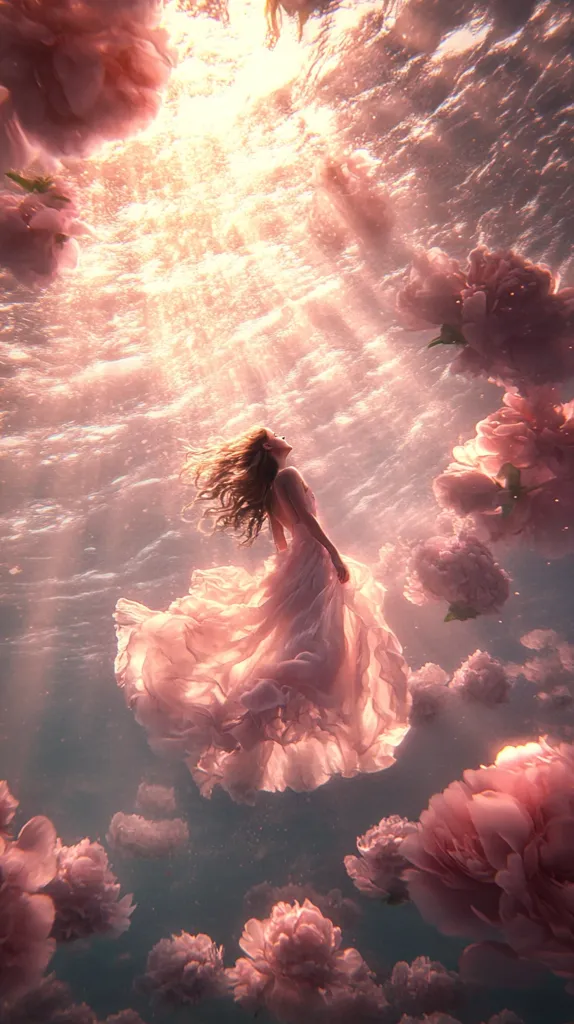 A woman in a flowing pink gown floats gracefully underwater, surrounded by ethereal, oversized pink peonies. Sunlight streams through the water, creating a dreamy, otherworldly atmosphere.  The scene is serene and magical, with a soft, romantic palette. The image evokes a sense of peace and tranquility.