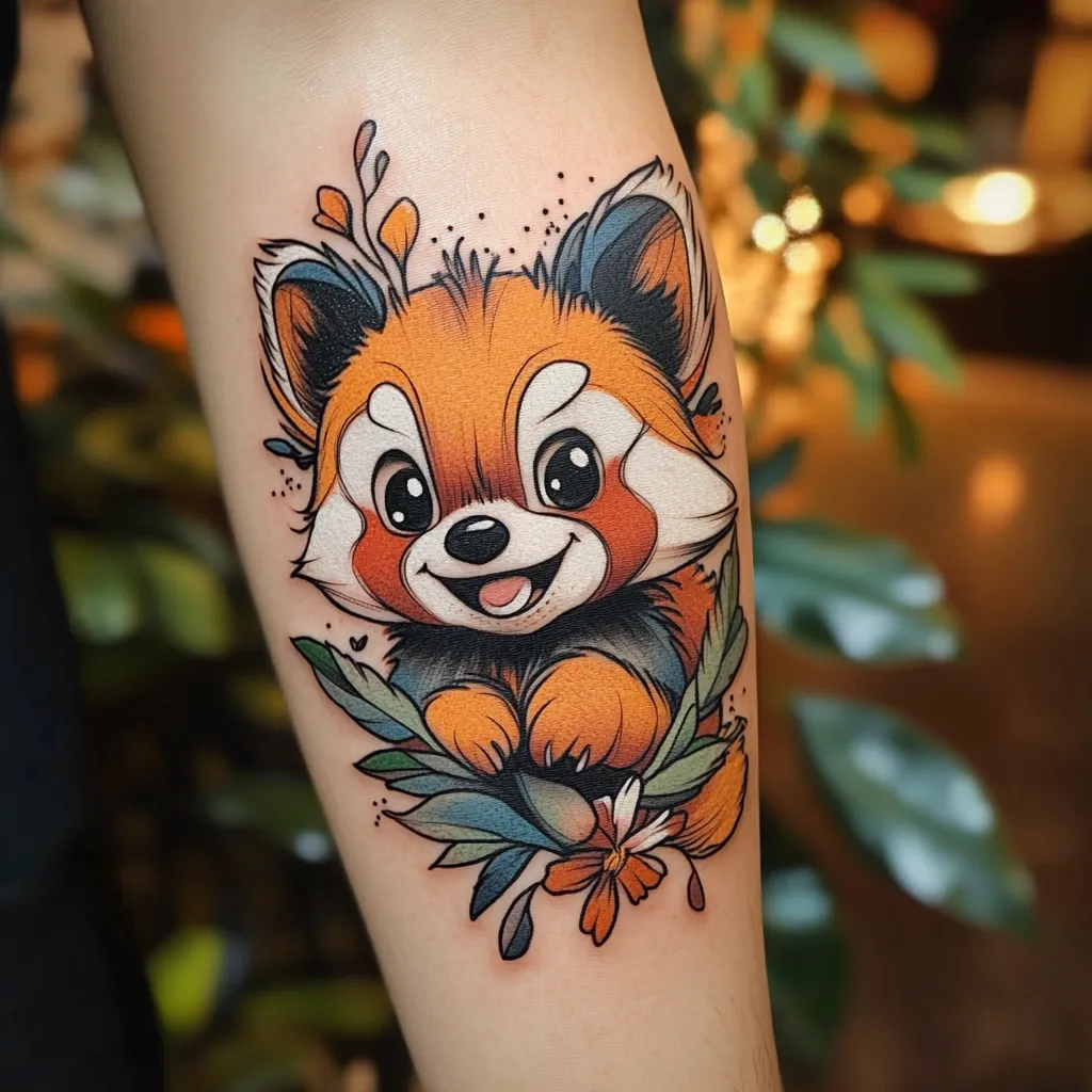 A vibrant tattoo adorns a forearm, depicting a stylized red panda.  The panda is rendered in a cartoonish, cheerful manner, with large eyes and a playful expression.  It's nestled amongst lush green leaves and delicate flowers, adding to the whimsical and nature-inspired design. The tattoo is executed with meticulous detail and bold colors.