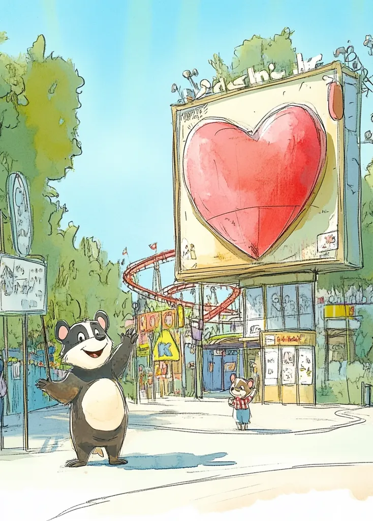 A cheerful badger and a small mouse stand in front of a whimsical amusement park. A large billboard displays a giant red heart, symbolizing love and joy. Rollercoasters and brightly colored buildings create a festive atmosphere.  The illustration's style is light and airy, with watercolor-like textures, conveying a sense of carefree fun.