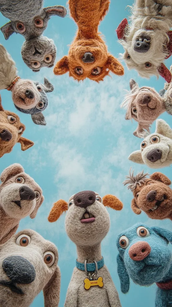 A circle of adorable, yarn-like dogs looks up at the sky.  Their expressive faces and fluffy textures are prominent against a bright blue backdrop.  The dogs are various breeds and colors, creating a whimsical and charming scene. One dog in the center wears a blue collar with a bone-shaped tag. The overall mood is playful and endearing.