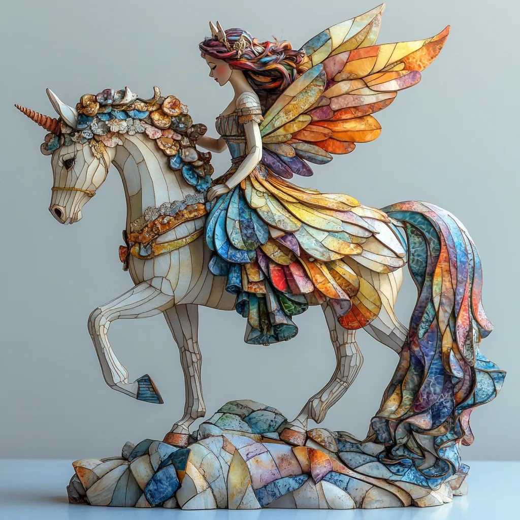 A breathtaking sculpture depicts a fairy riding a unicorn.  Both the fairy and the unicorn are adorned in vibrant, multicolored mosaic-like patterns, creating a fantastical and colorful scene.  The fairy's large wings and the unicorn's flowing mane and tail contribute to the overall magical feel.  The base is textured to resemble rocks, enhancing the piece's artistic detail and immersive quality.