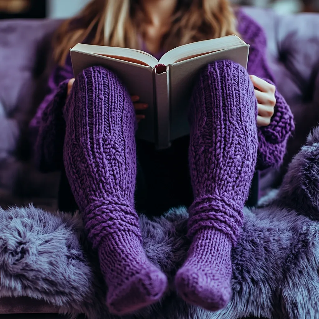 A person wearing long, purple knitted socks sits on a fuzzy purple surface, holding an open book.  The cozy scene suggests a relaxing moment of reading. The purple tones create a calming and unified aesthetic. The focus is on the textured knitwear and the book held in the person's lap.