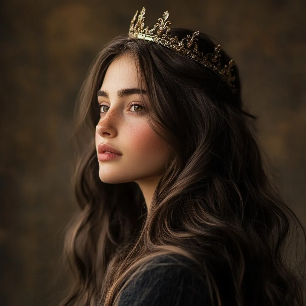 A young woman with long, wavy brown hair wears a gold crown.  Her profile is shown, revealing freckles and subtle makeup.  She gazes thoughtfully to her left, against a blurred, dark brown background. The image evokes a sense of regal beauty and contemplation.