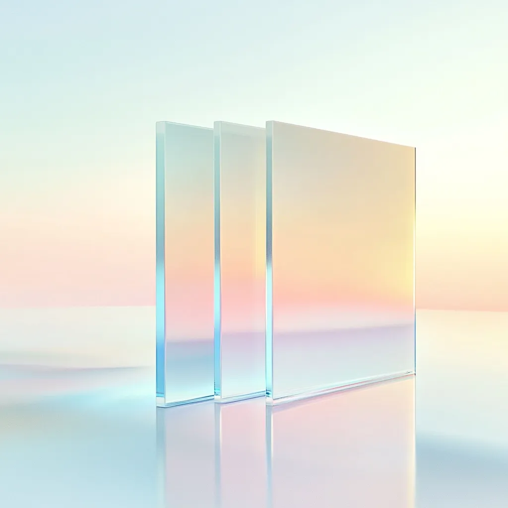 Three translucent glass panels stand on a reflective surface, creating a minimalist scene.  The panels vary slightly in height and width, casting subtle reflections.  A pastel gradient backdrop, ranging from pale blue to soft pink and yellow, enhances the ethereal quality of the image. The overall impression is one of serenity and modern elegance.