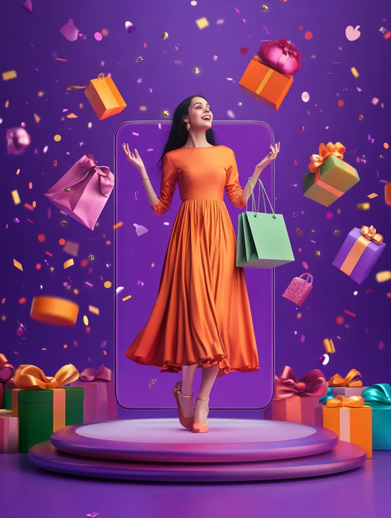 A woman in a vibrant orange dress stands joyfully amidst a flurry of falling gifts and confetti.  She holds shopping bags, emerging from a large smartphone screen, symbolizing online shopping. The scene is set against a rich purple background, creating a celebratory and exciting visual of online retail.  Gifts in various sizes and colors add to the festive atmosphere.
