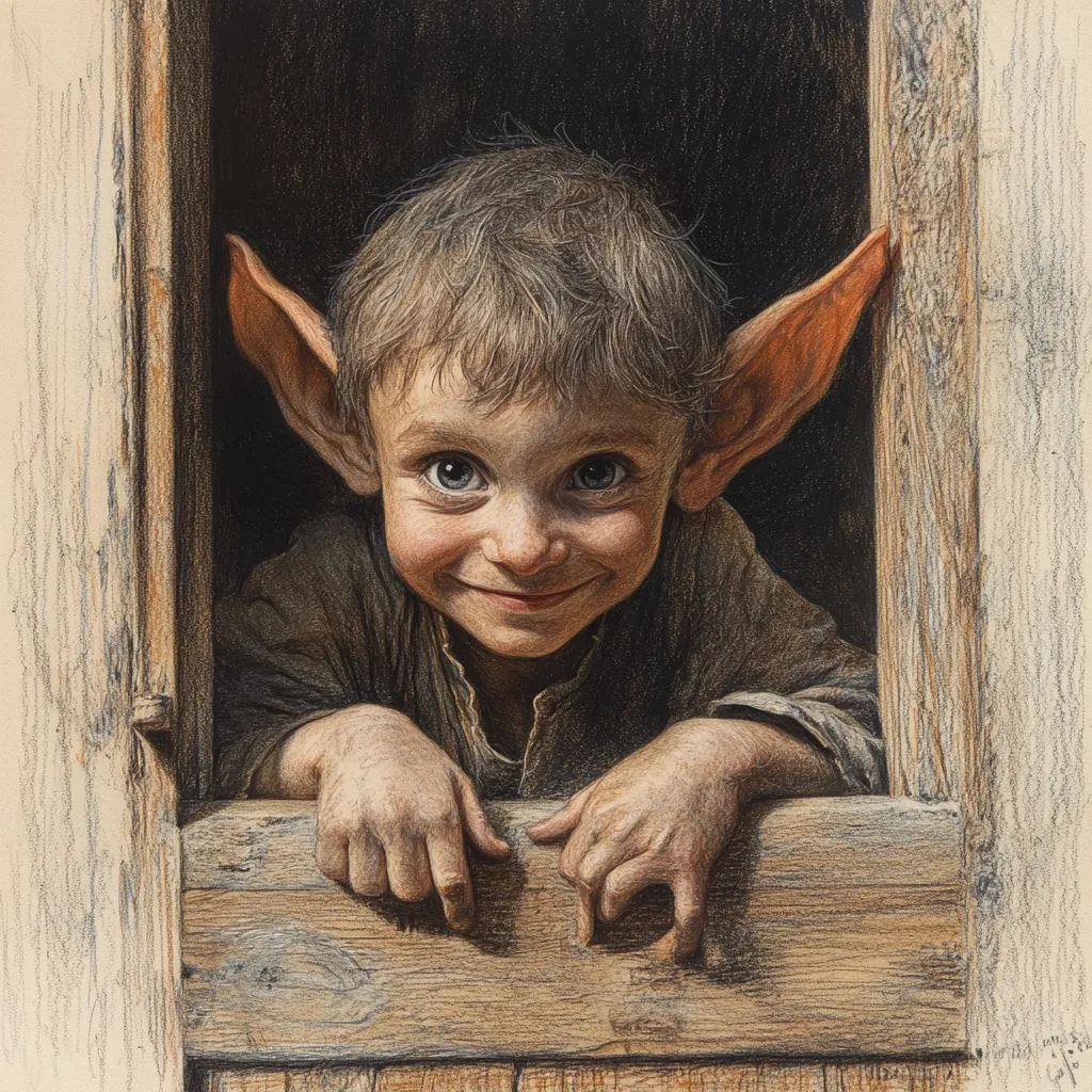 A whimsical illustration depicts a young boy with large, pointed ears peeking from a wooden opening.  His mischievous grin and curious gaze are captivating. The detailed drawing, executed in shades of brown and sepia, emphasizes texture and creates a whimsical, almost fairytale-like atmosphere. The boy's elf-like features and the rustic setting blend fantasy and realism.