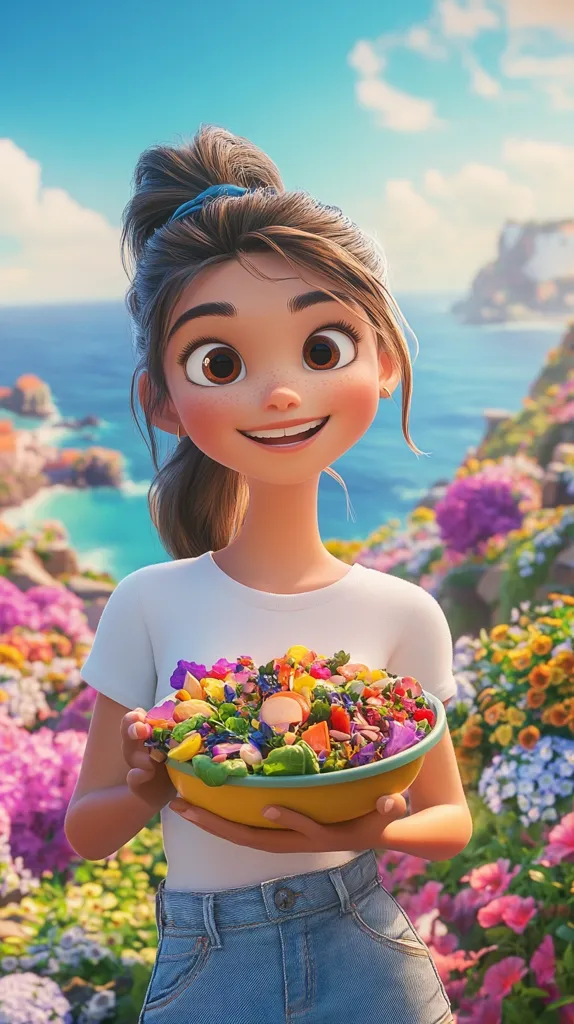 A cheerful, stylized cartoon girl with large eyes and a high ponytail holds a vibrant bowl of colorful salad.  She's dressed in a white t-shirt and denim shorts, standing amidst a lush, blooming garden overlooking a picturesque coastal scene. The overall style is bright, playful, and suggestive of a sunny, idyllic setting.
