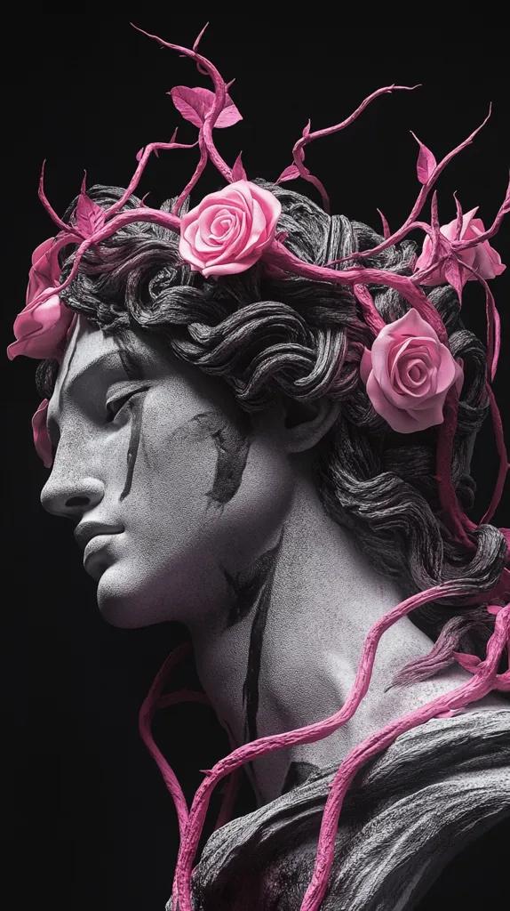 A grayscale bust of a classical statue, possibly depicting a goddess or muse, is adorned with vibrant pink artificial vines and roses.  The dark background accentuates the contrast between the statue's somber tone and the bright pink floral arrangement.  Dark streaks on the statue's face add a dramatic, almost melancholic element to the artistic composition. The image blends classical sculpture with a modern, surreal aesthetic.