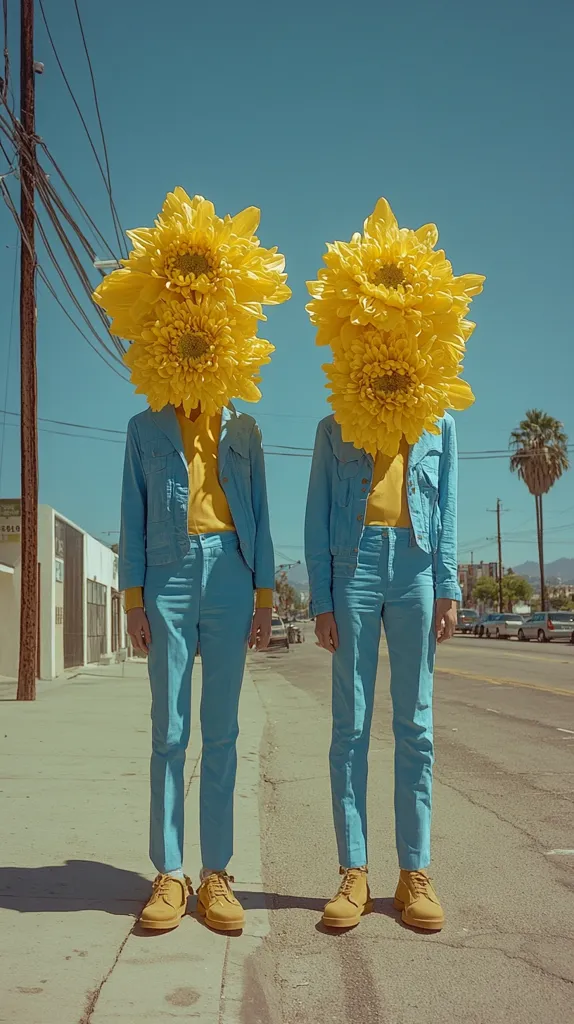 Two figures in light blue suits and mustard-colored shoes stand on a sunny street.  Their faces are obscured by large, vibrant yellow chrysanthemum blooms.  The setting is a residential area with a clear blue sky, telephone wires, and palm trees in the background.  The overall aesthetic is bright, surreal, and slightly whimsical.