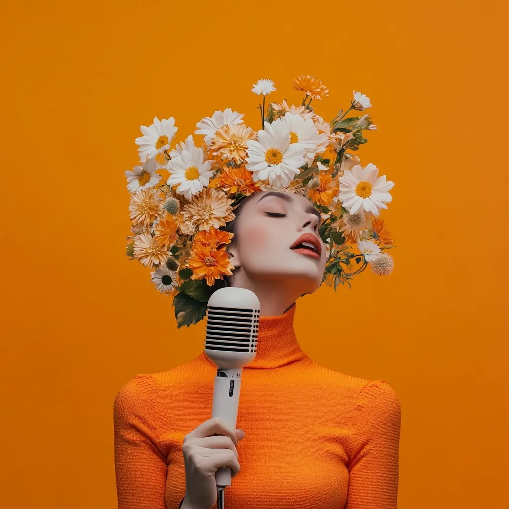 A woman with a vibrant floral crown of daisies and orange flowers, wears an orange turtleneck.  Her eyes are closed, and she holds a vintage-style microphone, suggesting singing or performance. The bright orange background enhances the image's bold, artistic aesthetic.  The overall mood is one of joyful expression and creative energy.