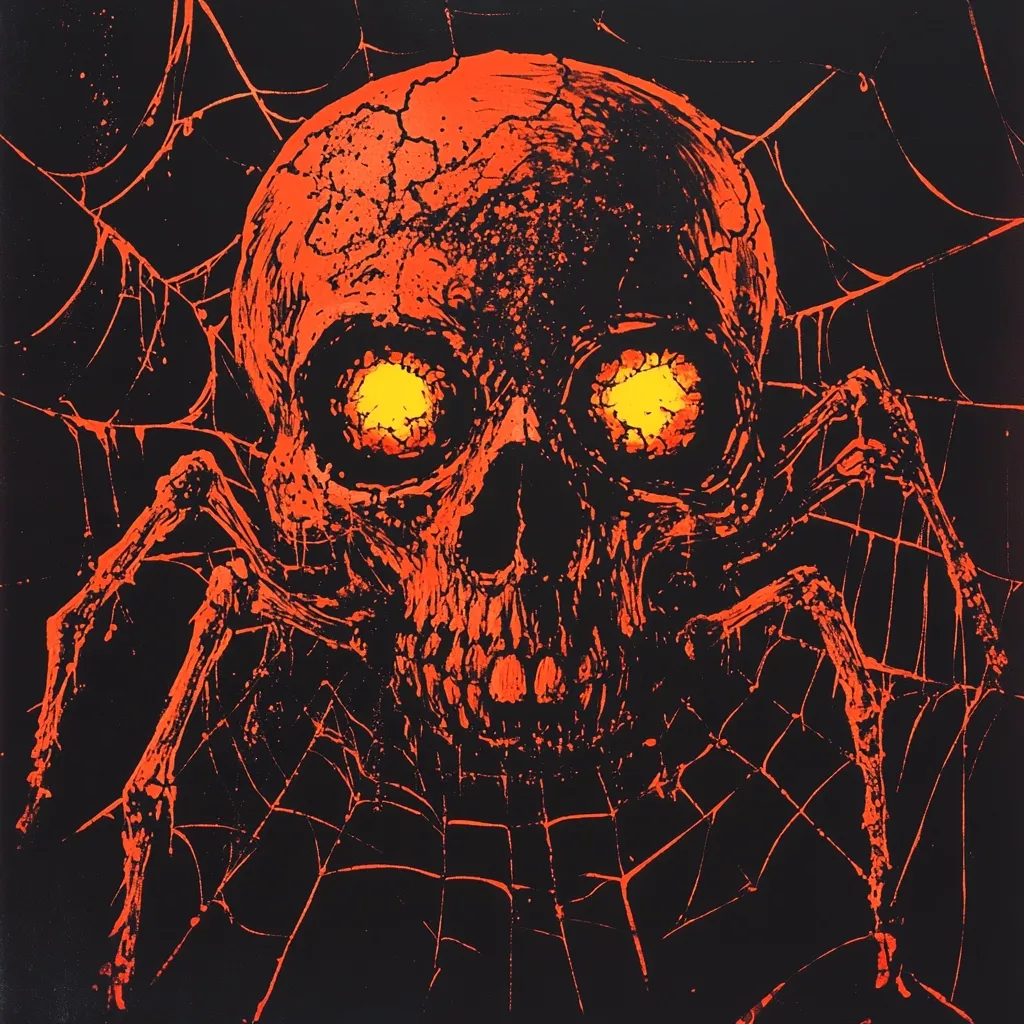 A vibrant, dark artwork depicts a skull, rendered in fiery orange and red hues, seemingly incorporated into a large spider's body.  The skull's eye sockets glow with intense yellow light.  The spider's long legs sprawl across a black background, intricately woven with an orange spiderweb. The overall style is intensely graphic and evokes a sense of gothic horror.