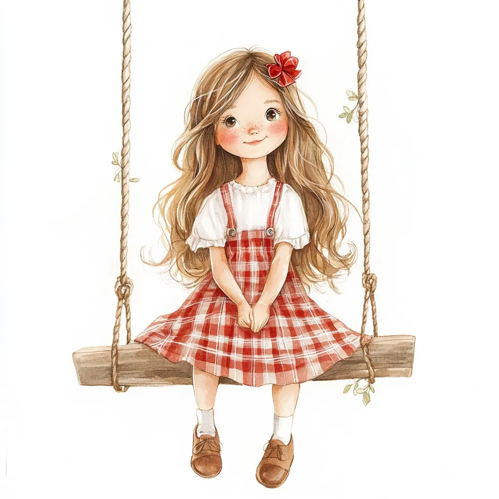 A watercolor illustration of a cute girl with long brown hair sitting on a simple wooden swing. She wears a red and white checkered dress and brown shoes.  A small red bow adorns her hair.  The girl has rosy cheeks and a sweet expression, creating a charming and idyllic scene.  The style is delicate and whimsical.