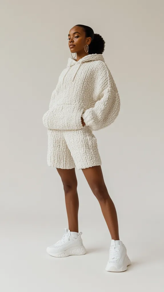 A young woman with dark skin and a high ponytail models a cream-colored, chunky knit hoodie and shorts set.  The outfit is loose-fitting and comfortable-looking. She wears white chunky sneakers and simple gold hoop earrings. The background is a minimalist off-white, focusing attention on the model and her attire.