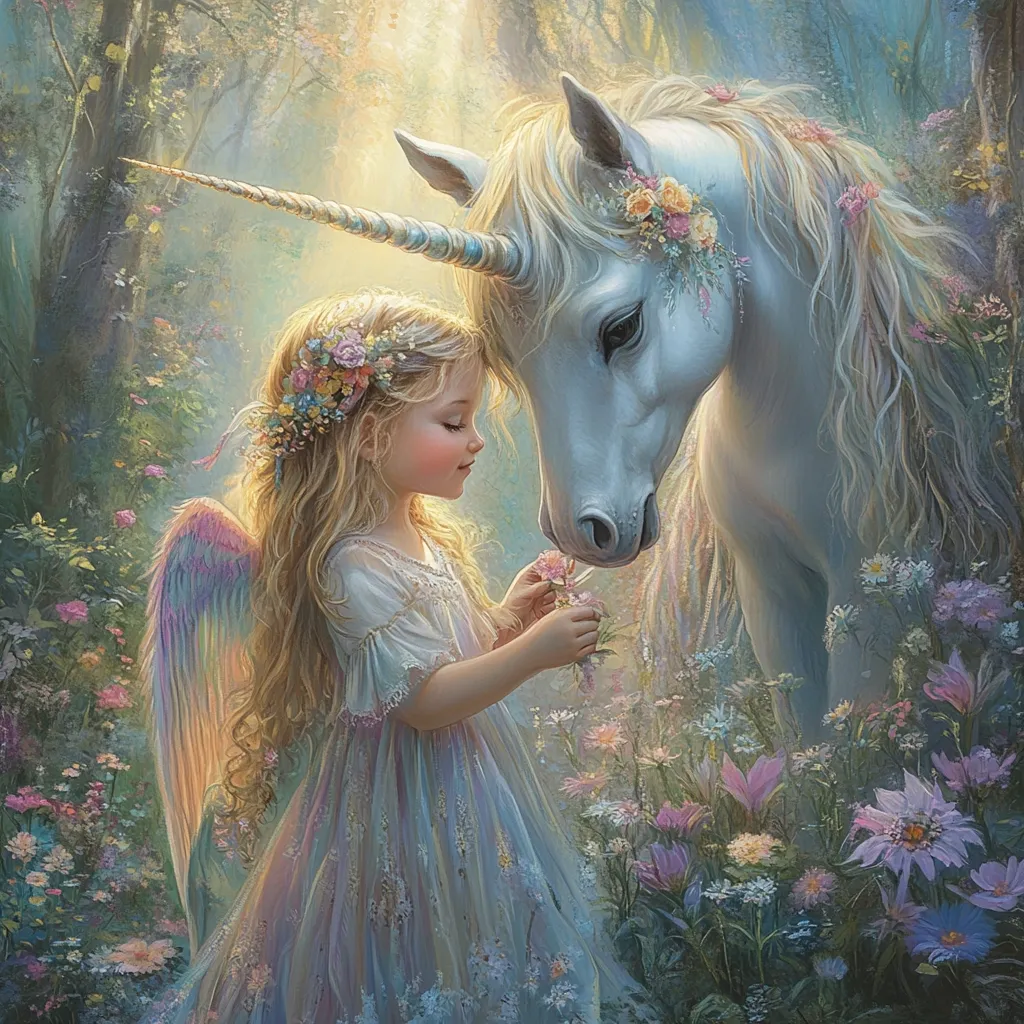 A young girl with angel wings and a floral crown gently offers flowers to a majestic white unicorn in a sun-dappled forest clearing.  The scene is filled with vibrant wildflowers, creating a magical and enchanting atmosphere.  The unicorn and the girl share a tender moment, their expressions reflecting a peaceful connection.  Soft, pastel colors dominate the artwork, enhancing its dreamy quality.