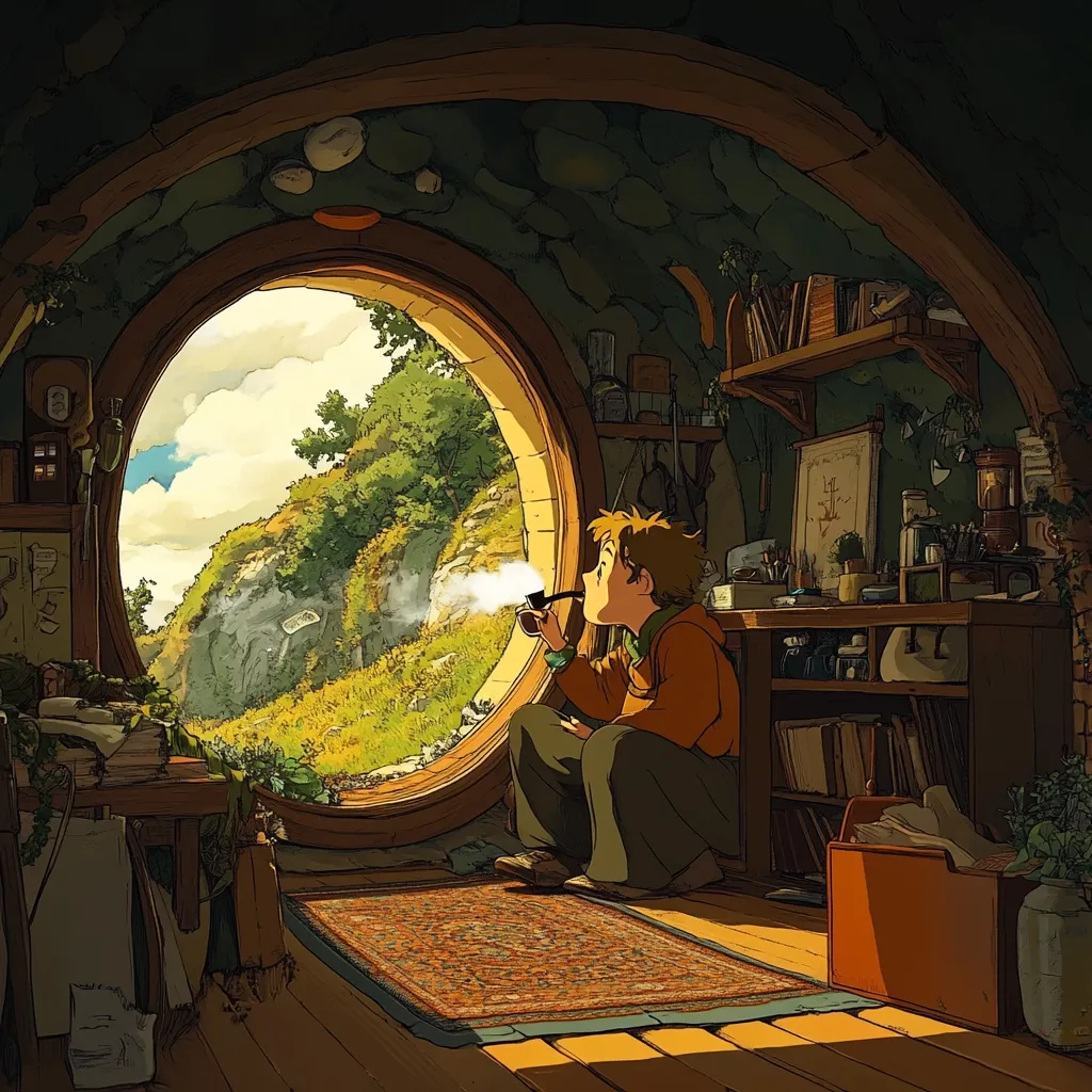 A young person sits cross-legged in a cozy, round-windowed room, smoking a pipe.  The room is filled with bookshelves, tools, and various objects, suggesting a workshop or study.  A large circular window offers a breathtaking view of a rolling green hillside under a partly cloudy sky. The scene evokes a sense of peaceful solitude and quiet contemplation. Warm sunlight streams in, illuminating the wooden floor and richly colored rug.