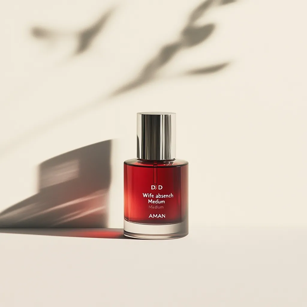 A bottle of D·D Wife absench Medium perfume sits on a light beige surface.  The bottle is a deep red, with a silver cap and minimalist labeling.  The brand name AMAN is visible at the bottom.  The background features soft, subtle shadows cast by unseen foliage, creating a serene and sophisticated atmosphere.