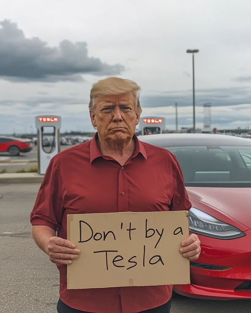 Donald Trump, in a red collared shirt, stands in a parking lot with a Tesla Supercharger station in the background.  He holds a cardboard sign reading, "Don't by a Tesla," with a somewhat disapproving expression. A red Tesla Model 3 is partially visible behind him.  The overall image suggests a political statement against Tesla.