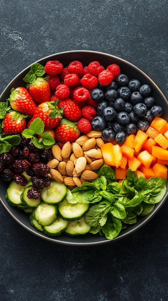 A dark bowl overflows with a vibrant array of healthy foods.  Strawberries, raspberries, blueberries, and blackberries are nestled alongside sliced cucumbers and cantaloupe.  A generous portion of almonds and fresh basil complete the colorful and nutritious mix.  The scene is set against a dark, textured background.