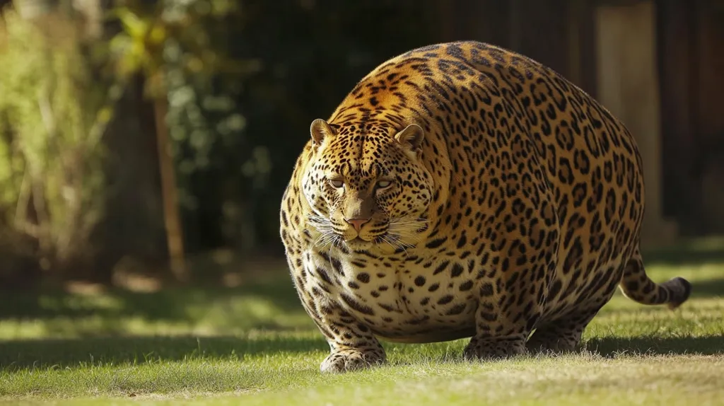 A significantly overweight leopard is captured in a close-up shot, its rotund body contrasting with its typical spotted coat.  The leopard sits on a grassy lawn, bathed in sunlight, its expression appearing somewhat serious despite its unusual physique. The background is softly blurred, focusing attention on the animal's striking size.