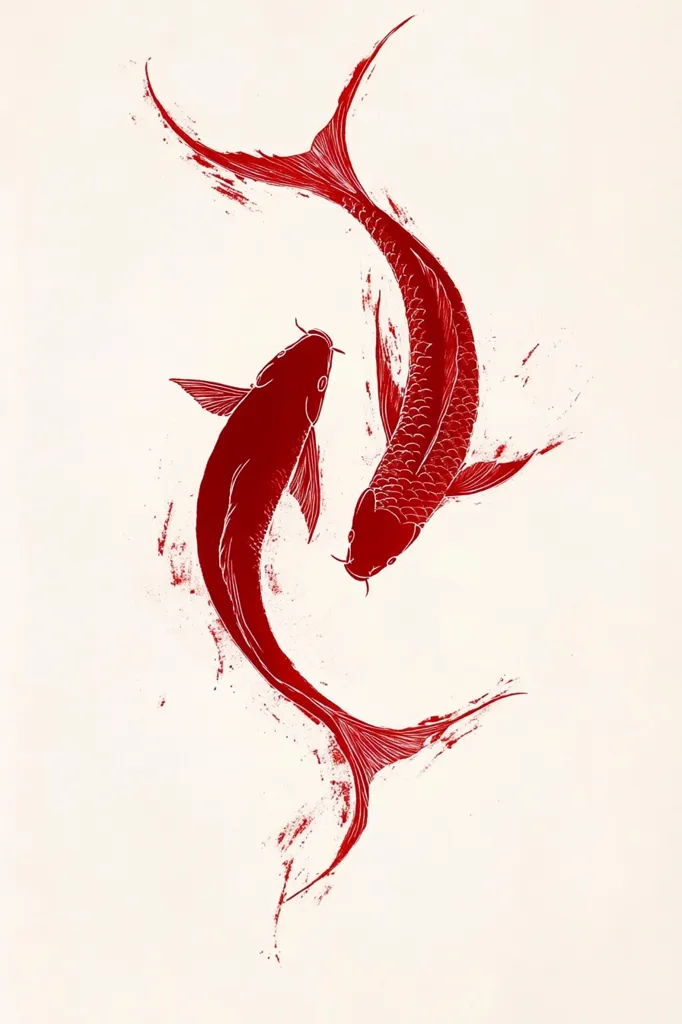 A minimalist artwork depicts two red koi fish intertwined in an elegant dance.  Their bodies are rendered in bold, clean lines against a pale background, with red ink splatters adding a sense of movement and energy. The composition is graceful and symbolic, suggesting harmony and balance. The style is reminiscent of Japanese woodblock prints, creating a serene yet dynamic visual.