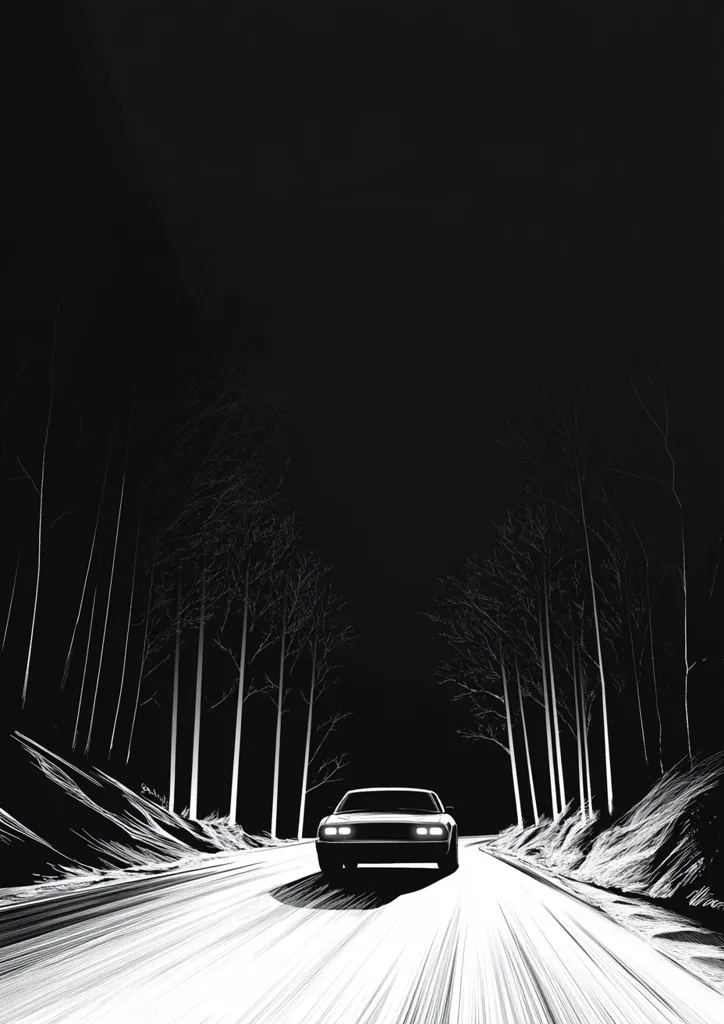 A monochrome illustration depicts a car driving down a road lined with leafless trees at night. The car's headlights illuminate the path ahead, creating a sense of motion and speed.  The stark contrast between the dark trees and the bright road emphasizes the car's journey into the night.  The style is minimalist, focusing on lines and shading to convey depth and atmosphere.