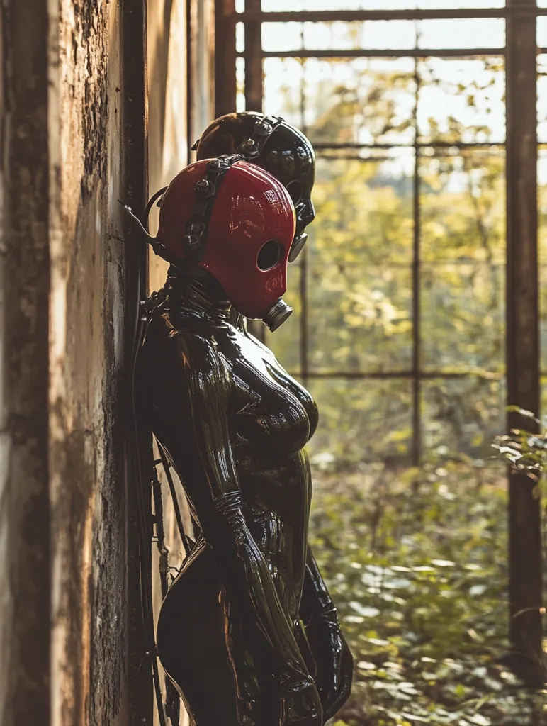 Two figures in black latex suits and gas masks stand against a weathered wall.  One mask is red, the other black. They are positioned in profile, facing away from the viewer towards a blurred background of overgrown foliage visible through a dilapidated window. The overall atmosphere is dark, mysterious, and slightly unsettling.