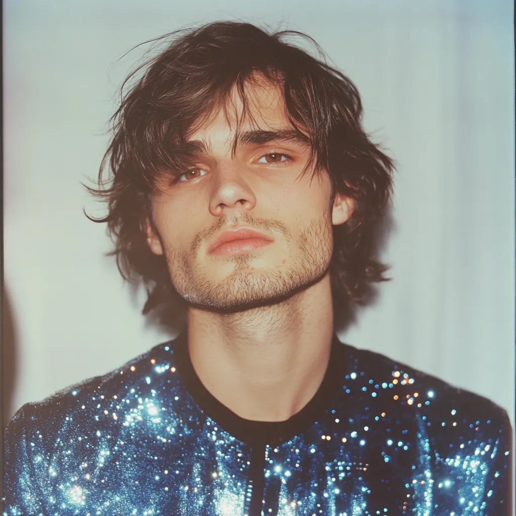 A young man with shoulder-length brown hair and a beard is shown in a close-up shot.  He has a serious expression and is wearing a shimmering blue sequined jacket. The image has a slightly vintage or filtered look, with soft lighting. His gaze is directly at the camera.