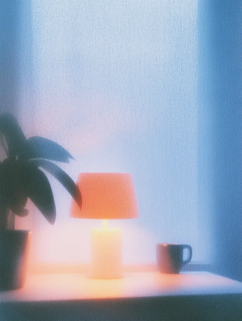 A soft, warm light illuminates a small table near a window. A table lamp with an orange shade casts a gentle glow on a potted plant and a small, dark mug.  The scene is peaceful and serene, bathed in a pastel light filtering through a slightly blurry window. The overall effect is calming and intimate.