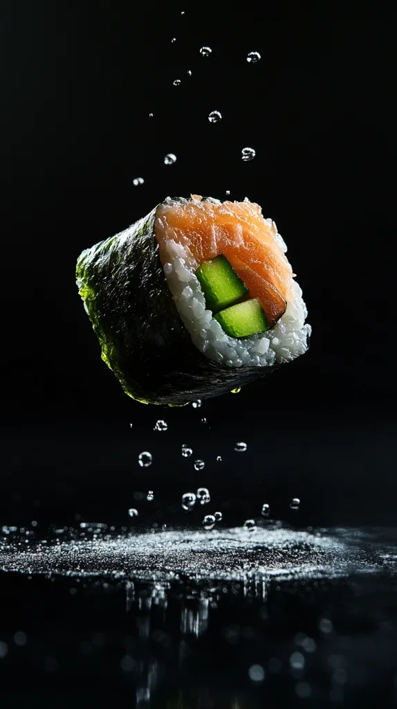 A single piece of sushi, seemingly suspended in mid-air, against a stark black background.  Water droplets cascade down from above and below the maki, which is filled with salmon and cucumber. The dark setting accentuates the vibrant colors of the fresh ingredients, creating a dramatic and visually appealing image.  The focus is sharp, highlighting the texture of the rice and seaweed.