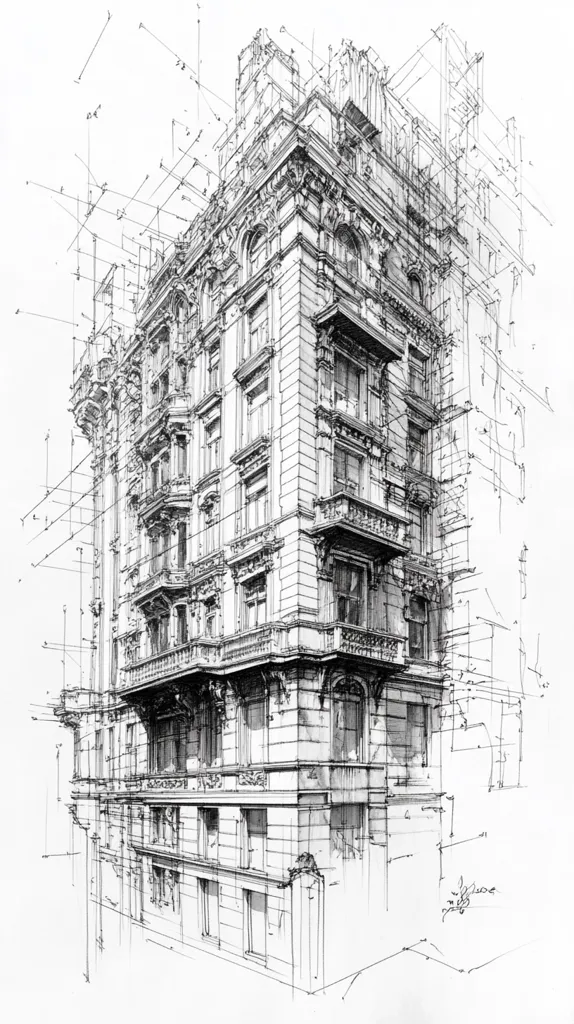 A meticulously detailed pen-and-ink architectural drawing showcases a multi-story building, possibly European in style.  The perspective is three-quarter view, revealing ornate detailing on the facade, including balconies, windows, and elaborate moldings.  Overlaid perspective lines and construction notations suggest a design or blueprint stage.  The high level of detail and shading creates a strong sense of depth and realism.