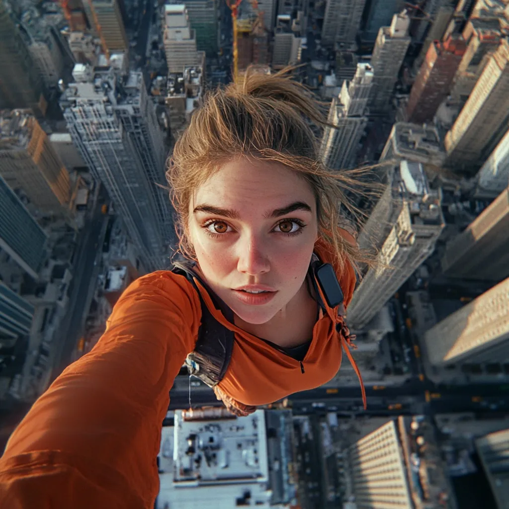 A young woman takes a selfie from a high vantage point, seemingly atop a skyscraper.  She wears an orange long-sleeved shirt and a harness, suggesting a daring climb.  The city sprawls beneath her, a dense collection of buildings stretching to the horizon. The image captures a breathtaking perspective, highlighting both the woman's bravery and the vast urban landscape.