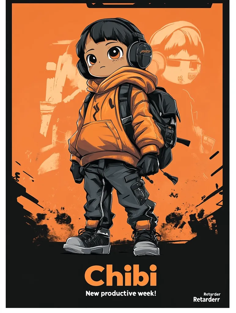 A stylized chibi character, predominantly orange, is depicted wearing headphones, a hoodie, and cargo pants.  The artwork features a bold, orange background with darker, grunge-style accents.  Text at the bottom proclaims "Chibi" and wishes for a "New productive week!"  The artist's signature is subtly included. The overall style is a blend of cute and edgy aesthetics.