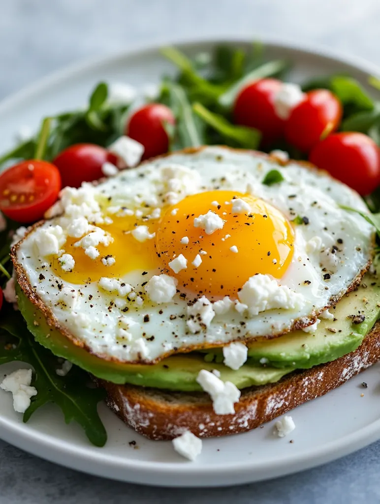 A fried egg sits atop mashed avocado on toasted bread, sprinkled with feta cheese and black pepper.  The open-faced sandwich is served on a plate with a side salad of arugula and cherry tomatoes.  The yolk is sunny-side up, creating a visually appealing breakfast or brunch dish.