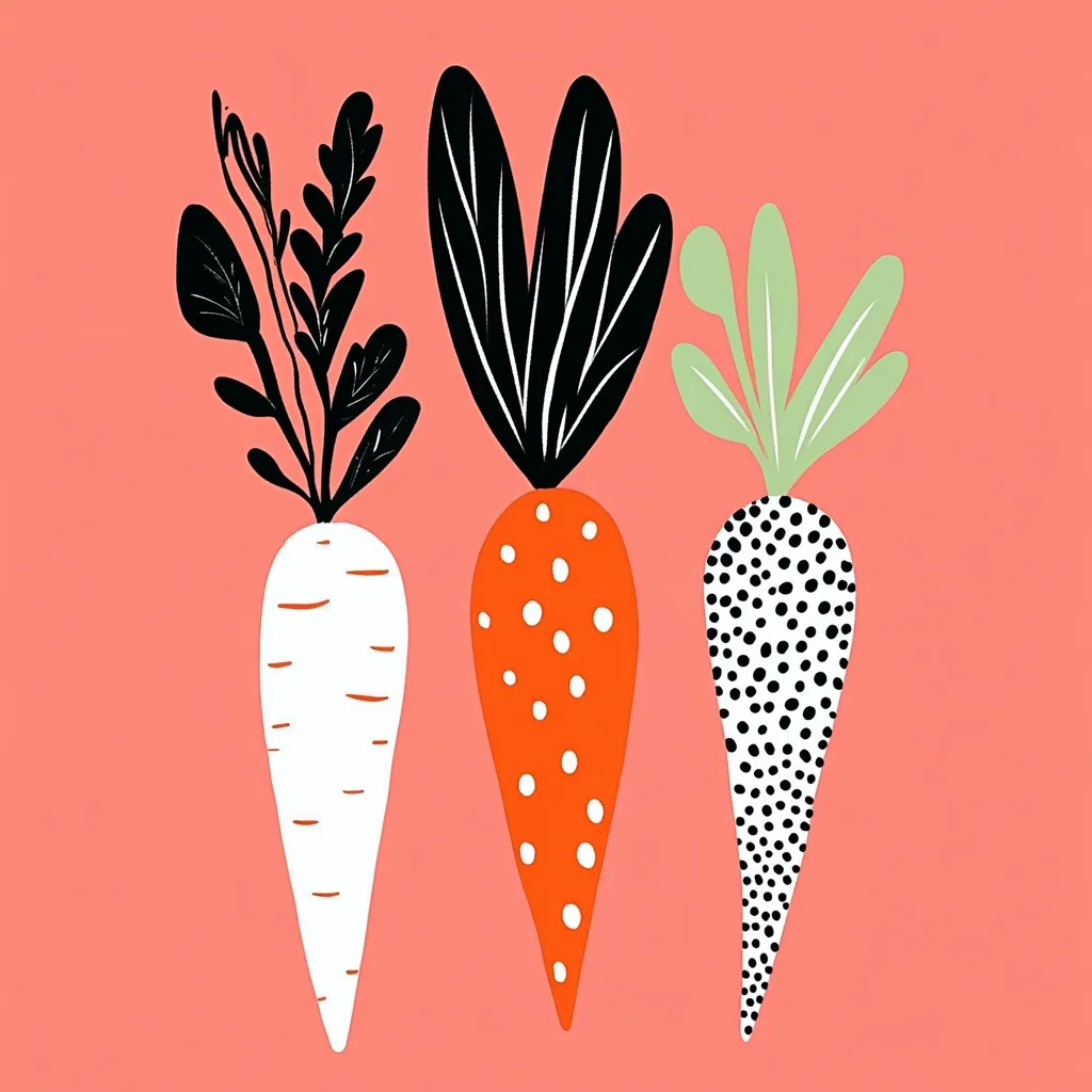 Three stylized carrots are depicted against a coral background.  The carrot on the left is white with thin, vertical lines, while the center carrot is orange with white polka dots. The carrot on the right is black and white with a polka dot pattern. Each carrot features uniquely designed leafy tops.  The overall style is modern and playful.