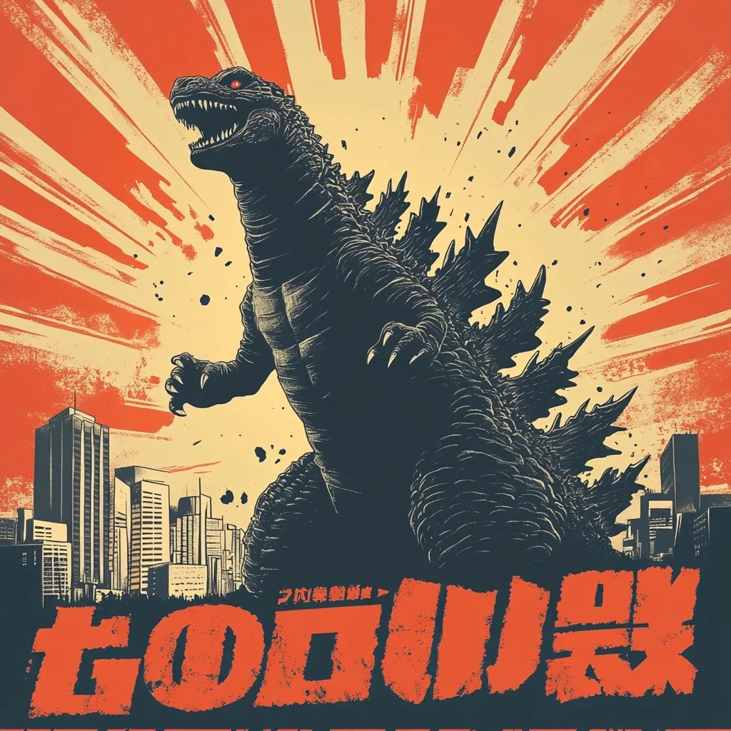 A stylized Godzilla poster in a vintage, propaganda-style design.  Godzilla, rendered in dark tones, looms over a cityscape.  The background features a radiating sunburst in shades of orange and red.  Japanese text, likely the title, is prominently displayed at the bottom. The overall aesthetic evokes classic monster movie posters with a gritty, impactful feel.