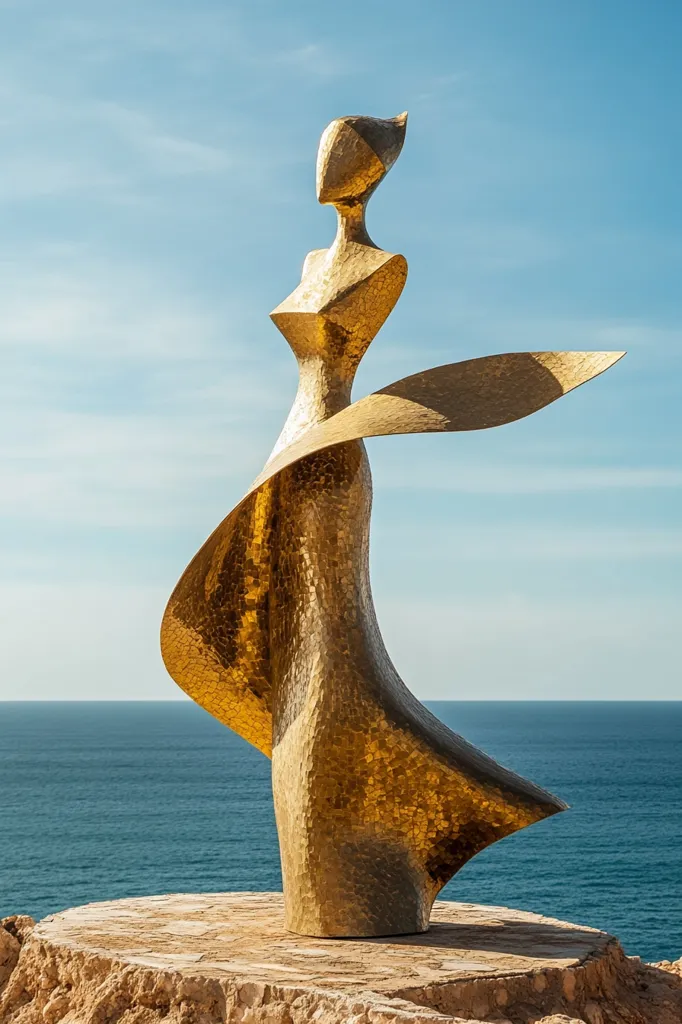 A golden, abstract sculpture of a woman stands on a cliff overlooking a calm ocean.  The figure is stylized, with flowing, textured metallic robes that seem to catch the wind.  The sculpture's smooth, reflective surface catches the sunlight, creating a dramatic contrast against the blue water and sky.  Its location enhances the sense of grace and freedom.