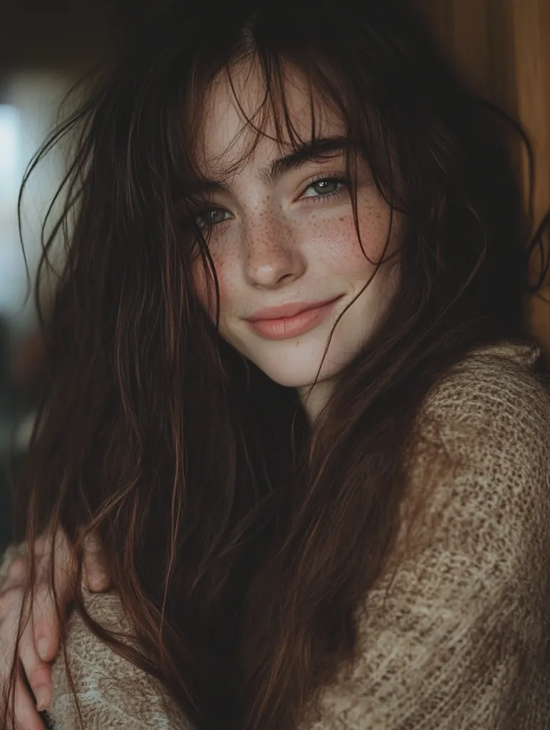 A young woman with long, dark brown hair and freckles smiles softly. Her hair is slightly messy, framing her face. She's wearing a tan knit sweater and her expression is gentle and serene.  The image has a soft, muted color palette, creating a warm and intimate mood.  She gazes directly at the camera with a subtle, inviting look.
