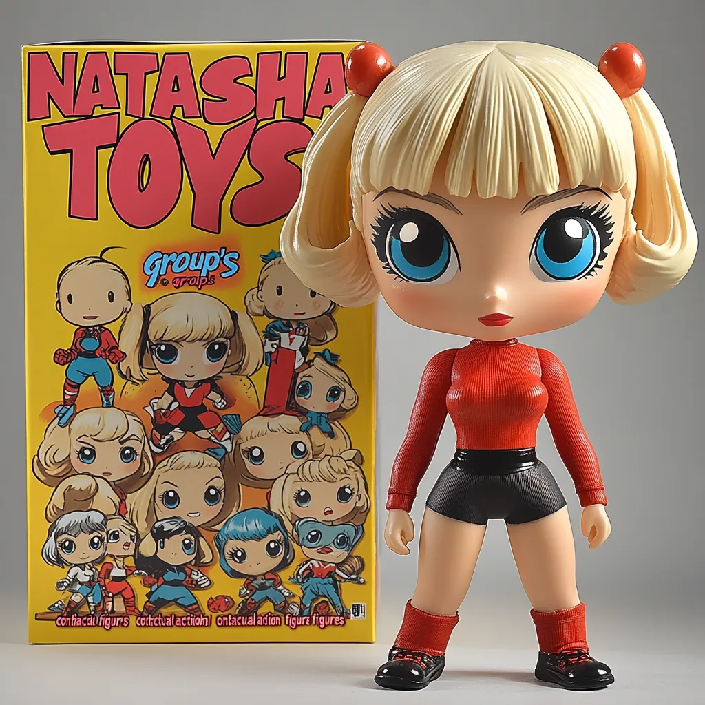 This is a Natasha Toys collectible figure, a blonde girl with large eyes, wearing a red top and black shorts.  The figure has a stylized, almost cartoonish appearance. It stands in front of its box, which features the Natasha Toys logo and various other characters in a similar style.  The box indicates that these are articulated action figures.