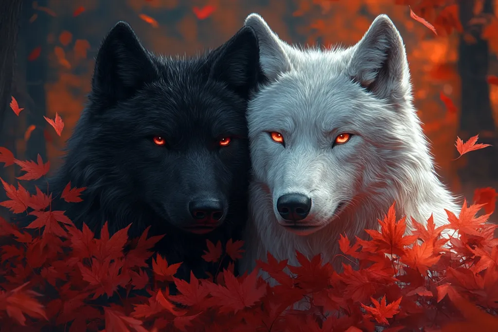 A black wolf and a white wolf stand side-by-side, their fiery orange eyes intense.  They are nestled amongst vibrant red autumn leaves, creating a striking contrast.  The wolves' expressions are serious and watchful, evoking a sense of mystery and power.  The overall image is a captivating blend of nature's beauty and the wildness of wolves.