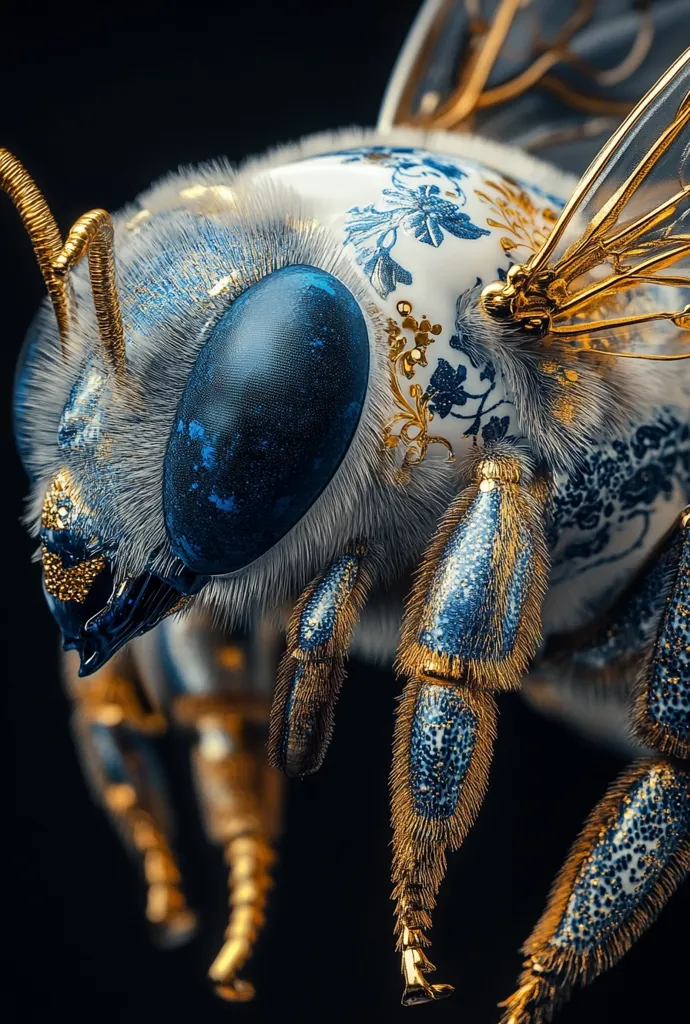 A close-up reveals a meticulously detailed, digitally rendered bee.  Its body is adorned with a blue and white porcelain-like pattern accented by gold detailing, giving it a luxurious, almost jewel-like appearance.  The bee's hairy legs and large, deep blue eye are sharply focused, showcasing intricate textures and highlights. The dark background emphasizes the bee's ornate design.
